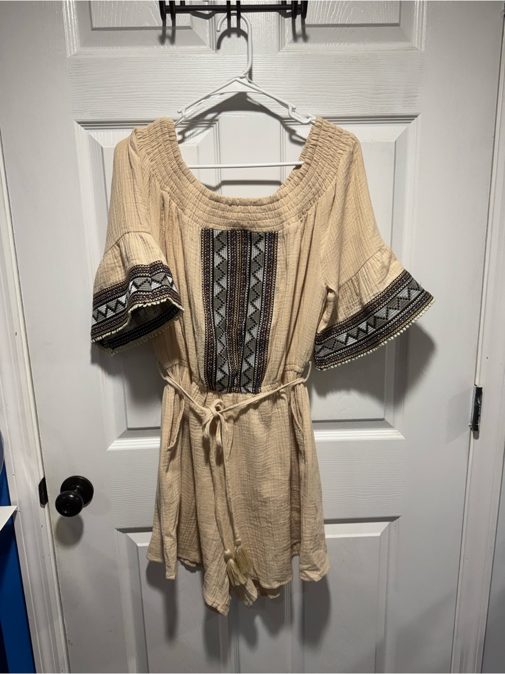 Beige Embroidered Boho Tie-Waist Romper